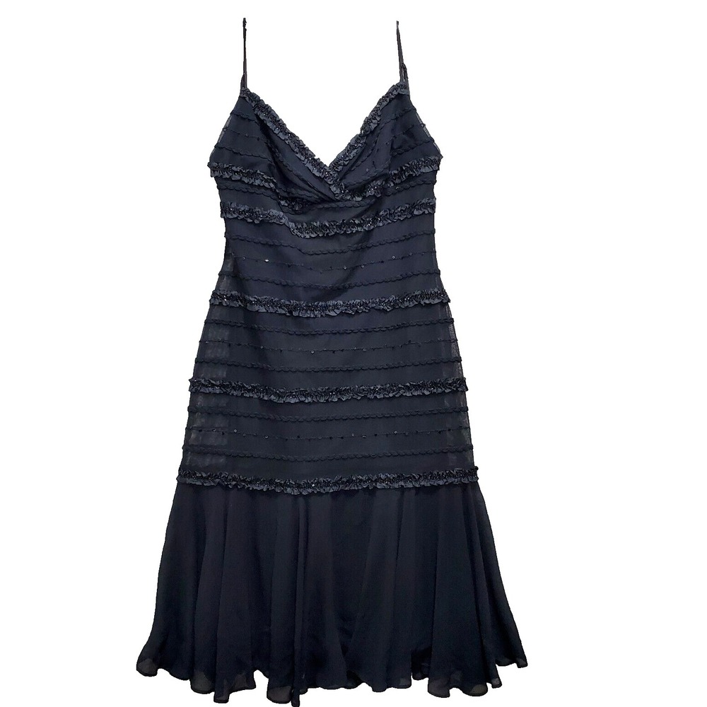 Tadashi Shoji Cocktail Dress Women's 8 Black Ruffle Sequin Lined V-Neck Pullover